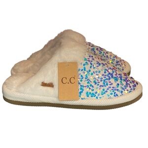CC Sequin Slippers White Womens Size 8-10 M-L NWT New Slides Shoes Faux Fur